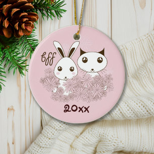 Rosa Kätzchen und Häschen Tier Freunde Kinder  Keramik Ornament