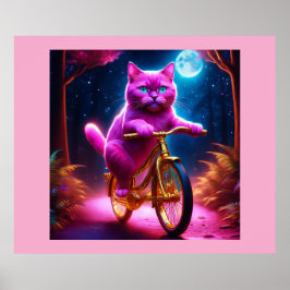 Rosa Katze auf einem Landschaftlichen goldenen Rad Poster