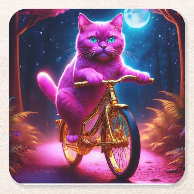 Rosa Katze auf einem Landschaftlichen goldenen Rad Rechteckiger Pappuntersetzer (Vorderseite)