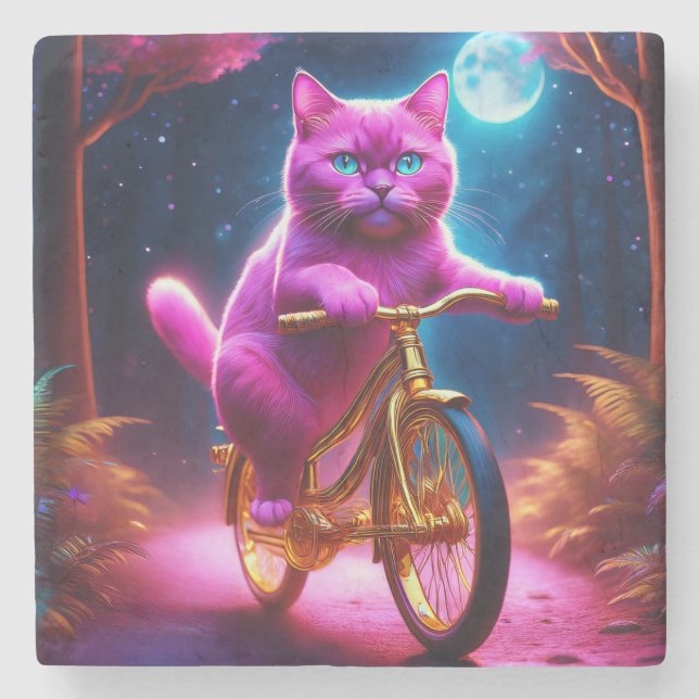 Rosa Katze auf einem Landschaftlichen goldenen Rad Steinuntersetzer (Vorderseite)