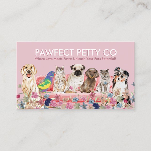 Rosa Katze Bird Dog Wasserfarben Blume Visitenkarte (Vorderseite)