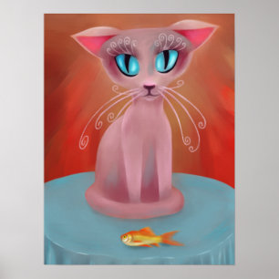 Rosa Katze mit einem Goldfisch auf einer blauen Ti Poster