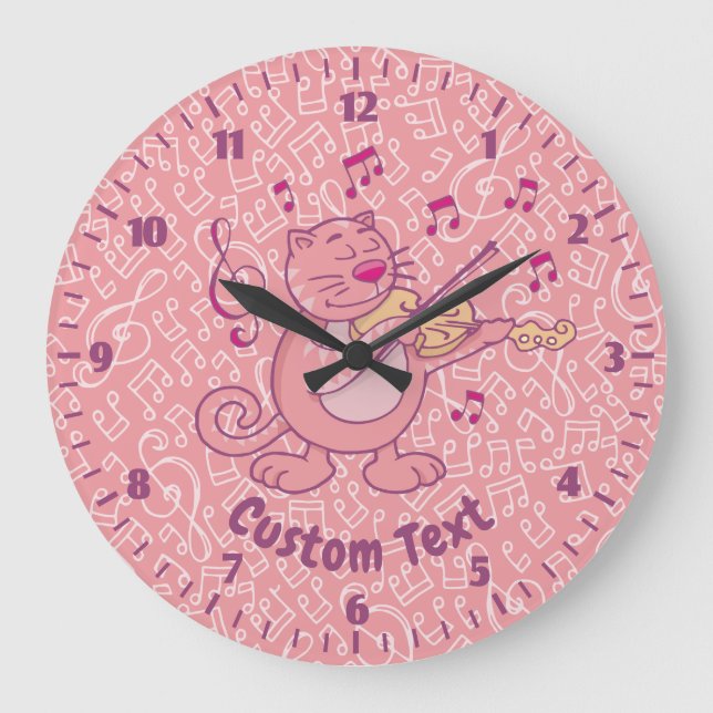 Rosa Katze mit Geige Große Wanduhr (Vorderseite)