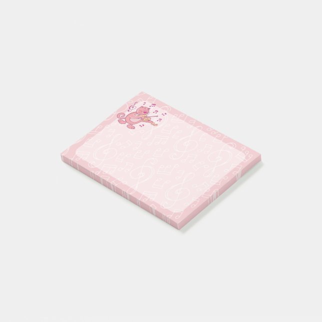 Rosa Katze mit Geige Post-it Klebezettel (angewinkelt)