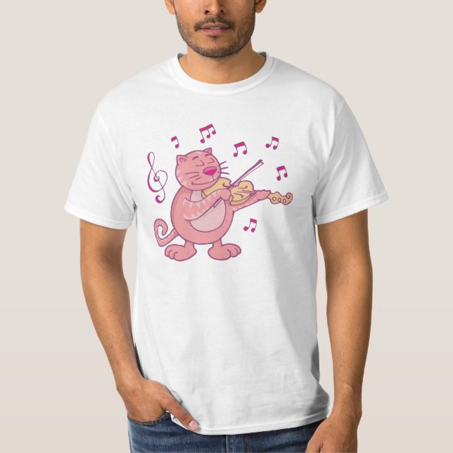Rosa Katze mit Geige T-Shirt (Vorderseite)
