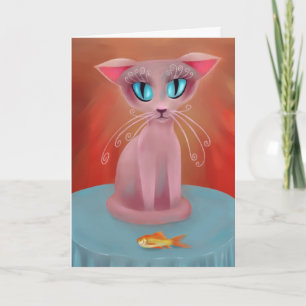 Rosa Katze mit Goldfish auf einem blauen Tisch Karte