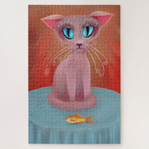 Rosa Katze mit Goldfish auf einem blauen Tisch Puzzle