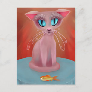 Rosa Katze mit Goldfish auf einer blauen Tischkart Postkarte