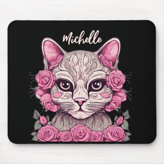 Rosa Katze mit Rose Blumenmousse Pad Custom Mousepad (Vorne)