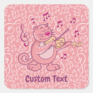Rosa Katze mit Violinquadrat Quadratischer Aufkleber