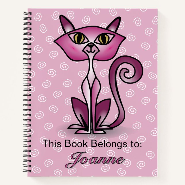 Rosa Katze mit weißem Swirt-HintergrundNotebook Notizbuch (Vorderseite)