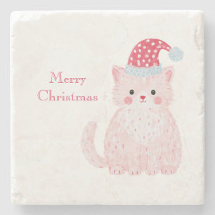 Rosa Katze roter Weihnachtshut Steinuntersetzer
