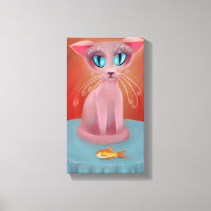 Rosa Katze und ihr Goldfisch auf einem blauen Tisc Leinwanddruck