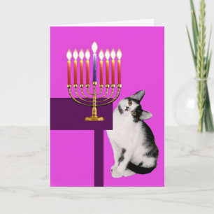 Rosa Katze und Menorah Chanukka Karte