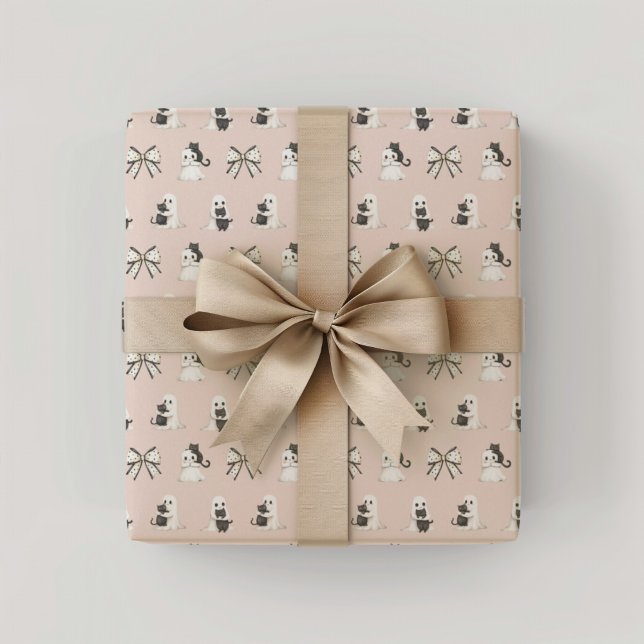 Rosa Katzen und Gespenster Halloween Geschenkpapier (Pink Cats and ghosts Wrapping Paper)