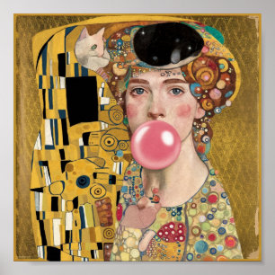Rosa Kaugummi-Dame mit Gustav Klimt Katzenkunst Poster