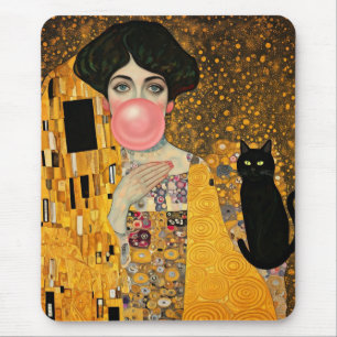 Rosa Kaugummi-Dame mit schwarzer Katze Gustav Klim Mousepad