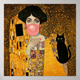 Rosa Kaugummi-Dame mit schwarzer Katze Gustav Klim Poster