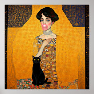 Rosa Kaugummi-Dame mit schwarzer Katze Gustav Klim Poster