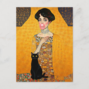 Rosa Kaugummi-Dame mit schwarzer Katze Gustav Klim Postkarte