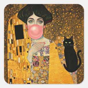 Rosa Kaugummi-Dame mit schwarzer Katze Gustav Klim Quadratischer Aufkleber