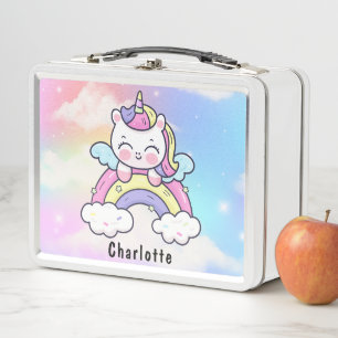 Rosa Kawaii Einhorn Katze Holografischer Regenboge Metall Brotdose