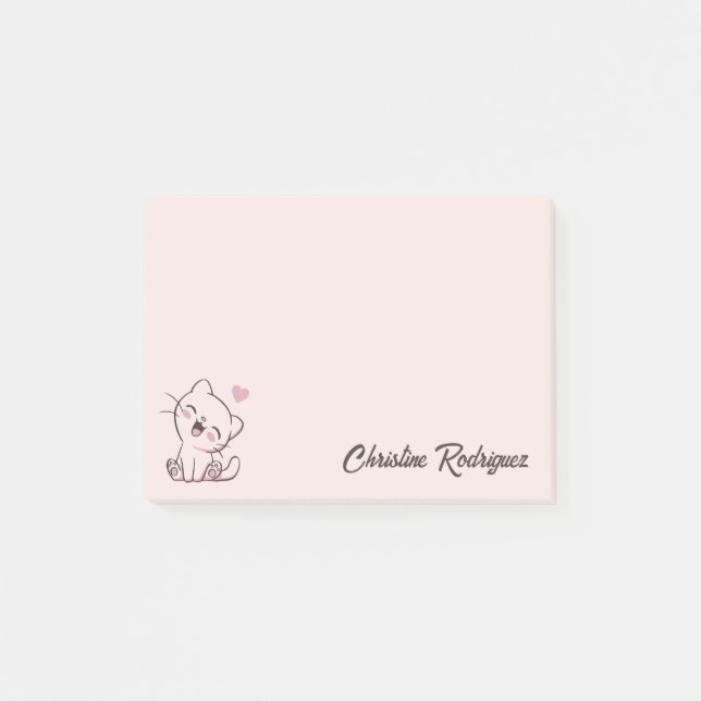 Rosa Kawaii-Katze Personalisierter Text Post-it Klebezettel (Vorderseite)