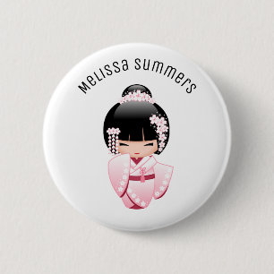 Rosa Kimono Kawaii Kokeshi Mädchen Benutzerdefinie Button