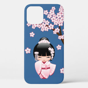 Rosa Kimono Kawaii Kokeshi Puppe auf Blau Case-Mate iPhone Hülle