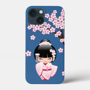 Rosa Kimono Kawaii Kokeshi Puppe auf Blau Case-Mate iPhone Hülle