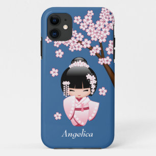 Rosa Kimono Kawaii Kokeshi Puppe auf Blau Case-Mate iPhone Hülle