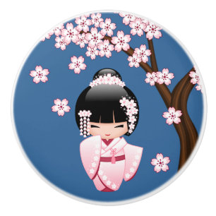 Rosa Kimono Kawaii Kokeshi-Puppe auf Blau Keramikknauf