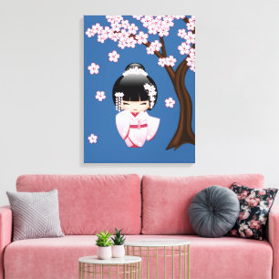 Rosa Kimono Kawaii Kokeshi-Puppe auf Blau Leinwanddruck