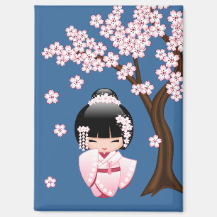 Rosa Kimono Kawaii Kokeshi-Puppe auf Blau Magnet