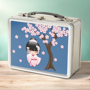 Rosa Kimono Kawaii Kokeshi-Puppe auf Blau Metall Brotdose