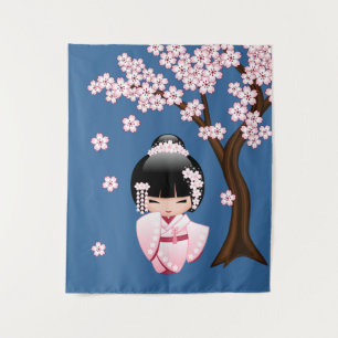 Rosa Kimono Kawaii Kokeshi-Puppe auf Blau Wandteppich
