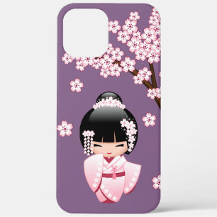 Rosa Kimono Kawaii Kokeshi-Puppe auf Lila Case-Mate iPhone Hülle