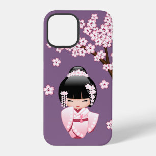 Rosa Kimono Kawaii Kokeshi-Puppe auf Lila iPhone 12 Pro Hülle