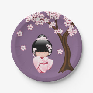 Rosa Kimono Kawaii Kokeshi-Puppe auf Lila Pappteller