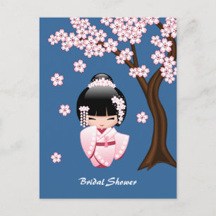 Rosa Kimono Kawaii Kokeshi-Puppe Blaue Einladung
