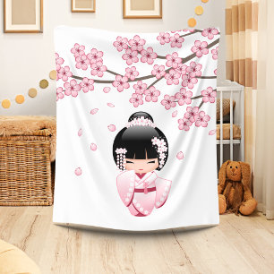 Rosa Kimono Kawaii Kokeshi-Puppe Fleecedecke