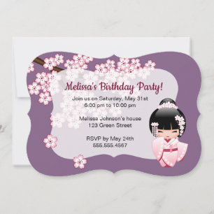 Rosa Kimono Kawaii Kokeshi-Puppe Lila Geburtstag Einladung