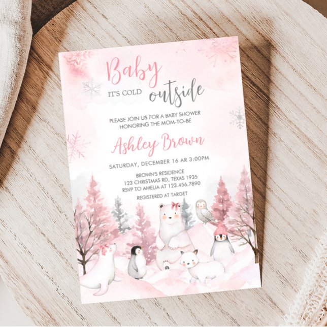 Rosa Kinderdusche für Arktis Einladung (Girl Winter Baby Shower Invitation)