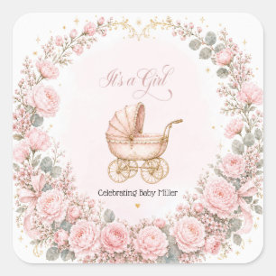 Rosa Kinderwagen - Es ist ein Mädchen Baby Shower Quadratischer Aufkleber