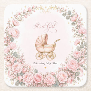 Rosa Kinderwagen - It's a Girl Baby Shower persona Rechteckiger Pappuntersetzer