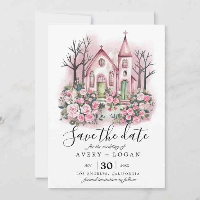Rosa Kirchenflora Save the Date Einladung (Vorderseite)