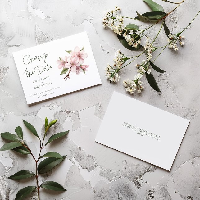 Rosa Kirschblüte Blume ändern das Datum Save The Date (Romantic “Save the Date” card with soft pink floral blossoms watercolor illustration.)