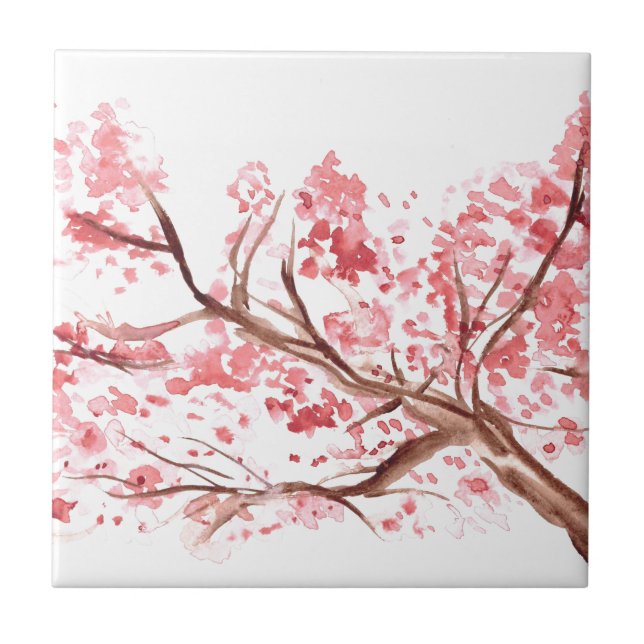Rosa Kirschblüte Blume Aquarellbaum hübsch Fliese (Vorderseite)