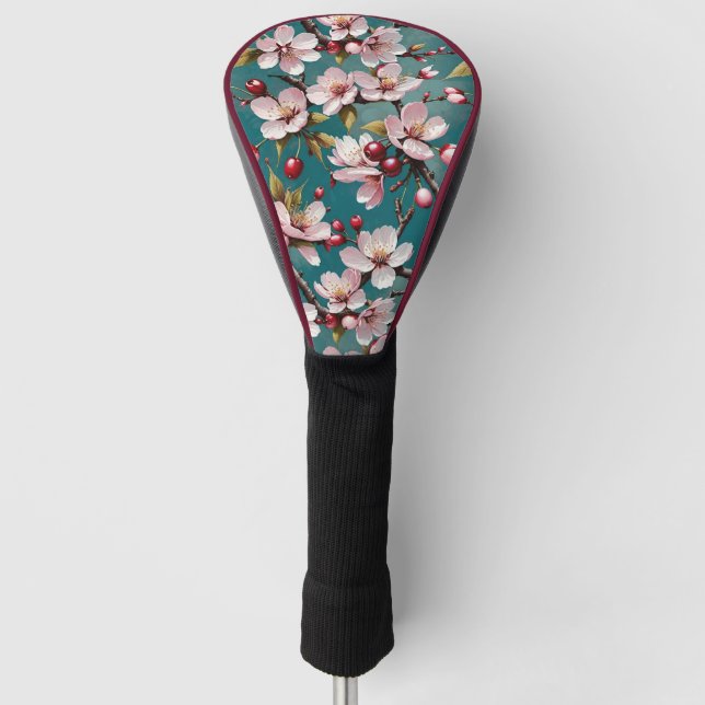 Rosa Kirschblüten Aquamariner Hintergrund Golf Headcover (Vorderseite)