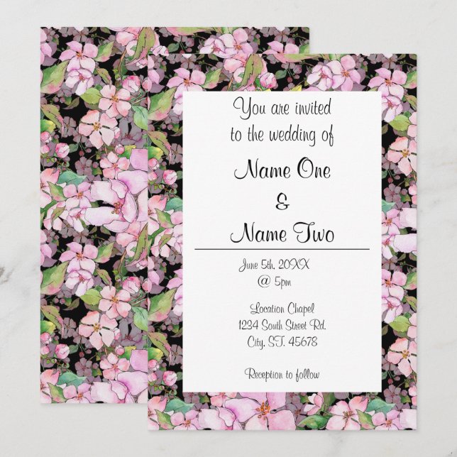 Rosa Kirschblüten auf der Einladung zur Schwarzen  (Vorne/Hinten)